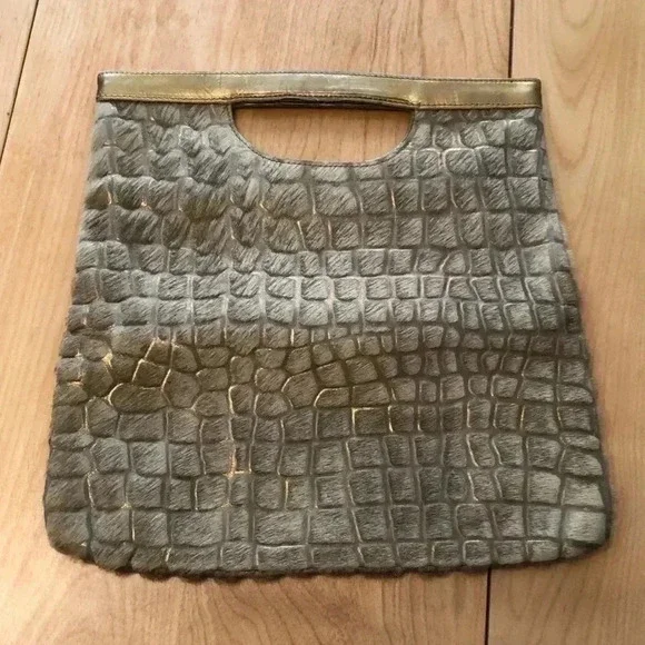 Nordstrom leather handbag/clutch. Animal print w/Gold leather + furry covering. - Picture 2 of 11